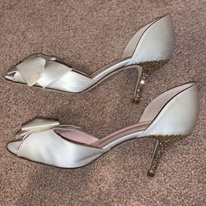 Kate Spade Sela Satin Glitter Peep Toe Pumps White Bridal High Heel Shoes 6.5